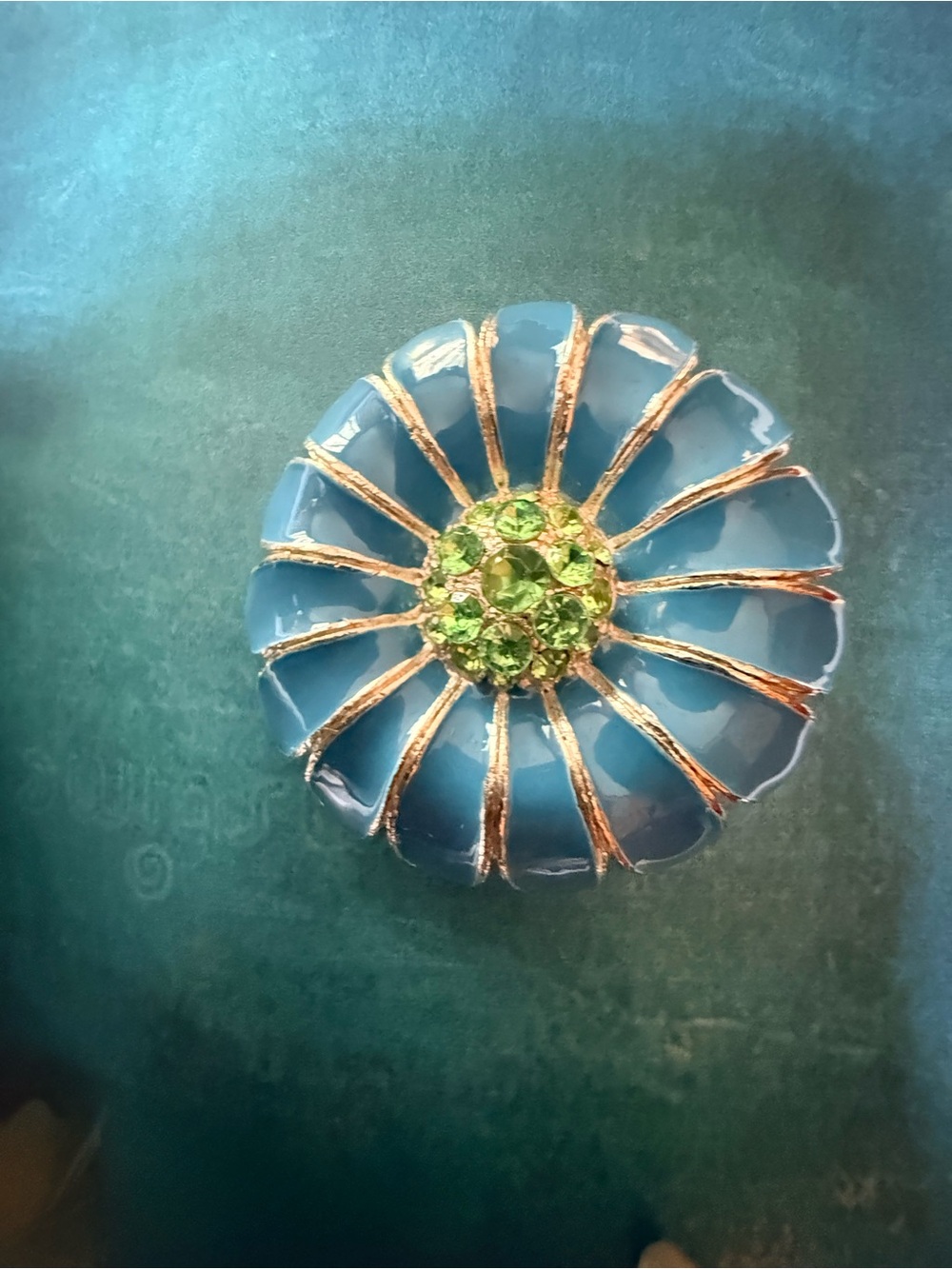Blue & Green Floral Brooch with Green Crystal Center.